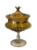20TH CENTURY HAND BLOWN AMBER GLASS REGENCY STYLED PEDESTAL CANDY DISH WITH EMBELLISHMENTS