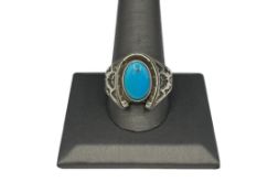 VINTAGE NAVAJO ARTIST SIGNED STERLING SILVER TURQUOISE HORSESHOE AND STAMPED DESIGN RING