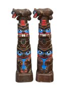 PAIR OF AUTHENTIC ALASKA CRAFT PRESSED WOOD TOTEM POLES FEATURING CLASSIC ALASKAN NATIVE DESIGN