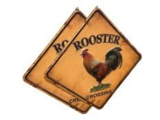 TWO STAMPED METAL ROOSTER CROSSING EMBOSSED METAL SIGNS