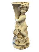 TALL CERMAIC CHERUB AND CORNUCOPIA HORN FLOOR VASE