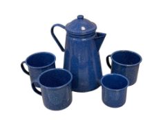 BLUE AND WITE ENAMELWARE CAMPING POT AND CUPS / MUGS