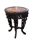 ANTIQUE CARVED ROSEWOOD CHINESE SIDE TABLE / PLANT STAND WITH MARBLE TOP INSERT
