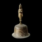Engraved Brass Bell with Standing Deity Figure Handle