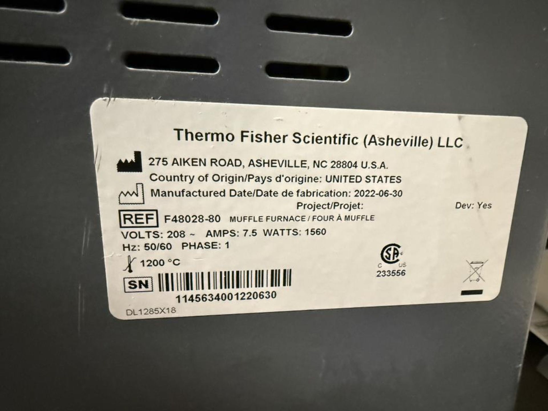 2022 Thermo Fisher Scientific F48028-80 Muffle Furnace, Mfg 2022-6-30. S/N 1145634001220630. HIT # 2 - Image 3 of 3