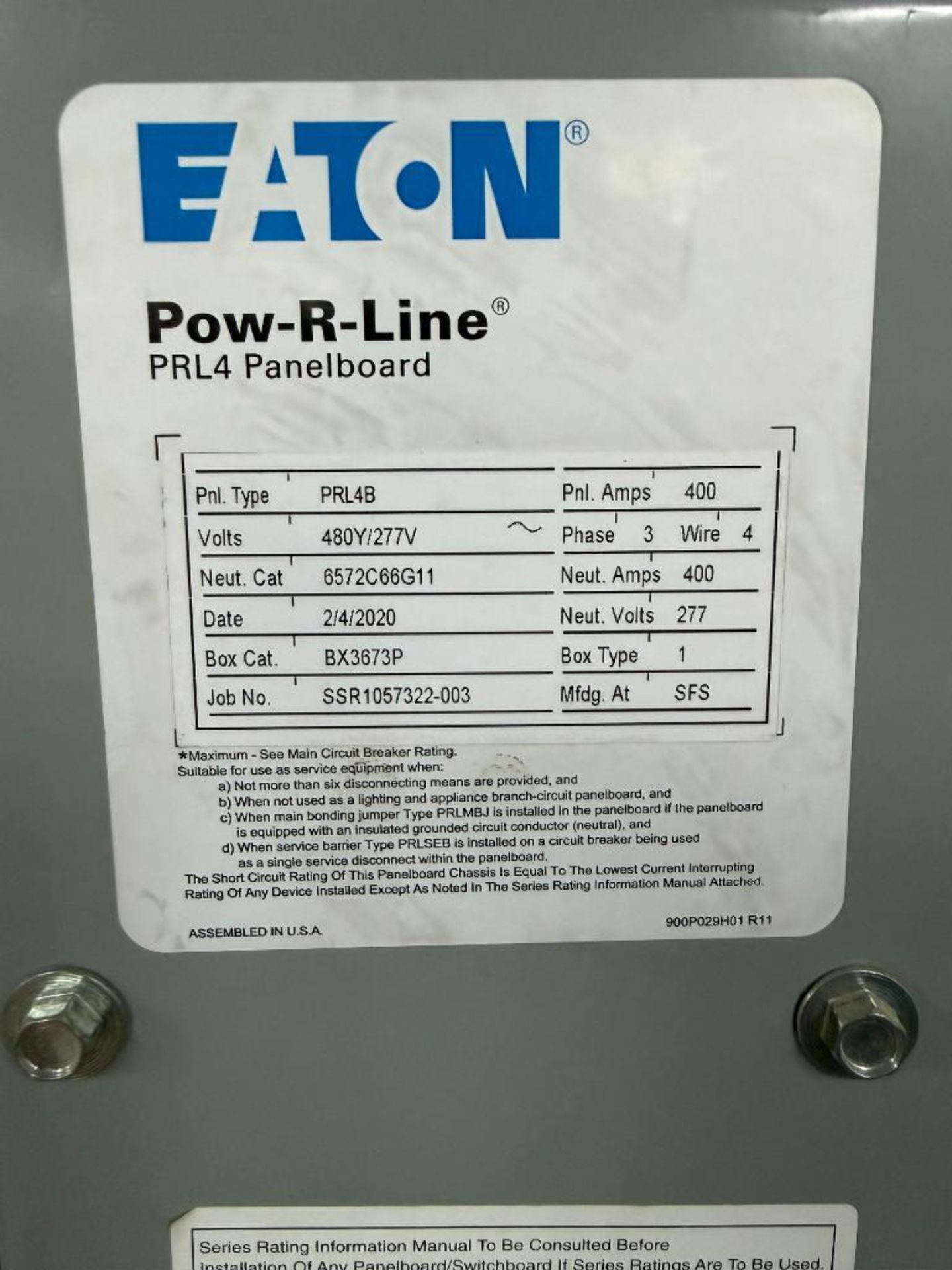 2020 Eaton Pow-R-Line PRL4 Panelboard, 480Y/277V, Pnl Amp: 400, 3 Ph, 4 ...