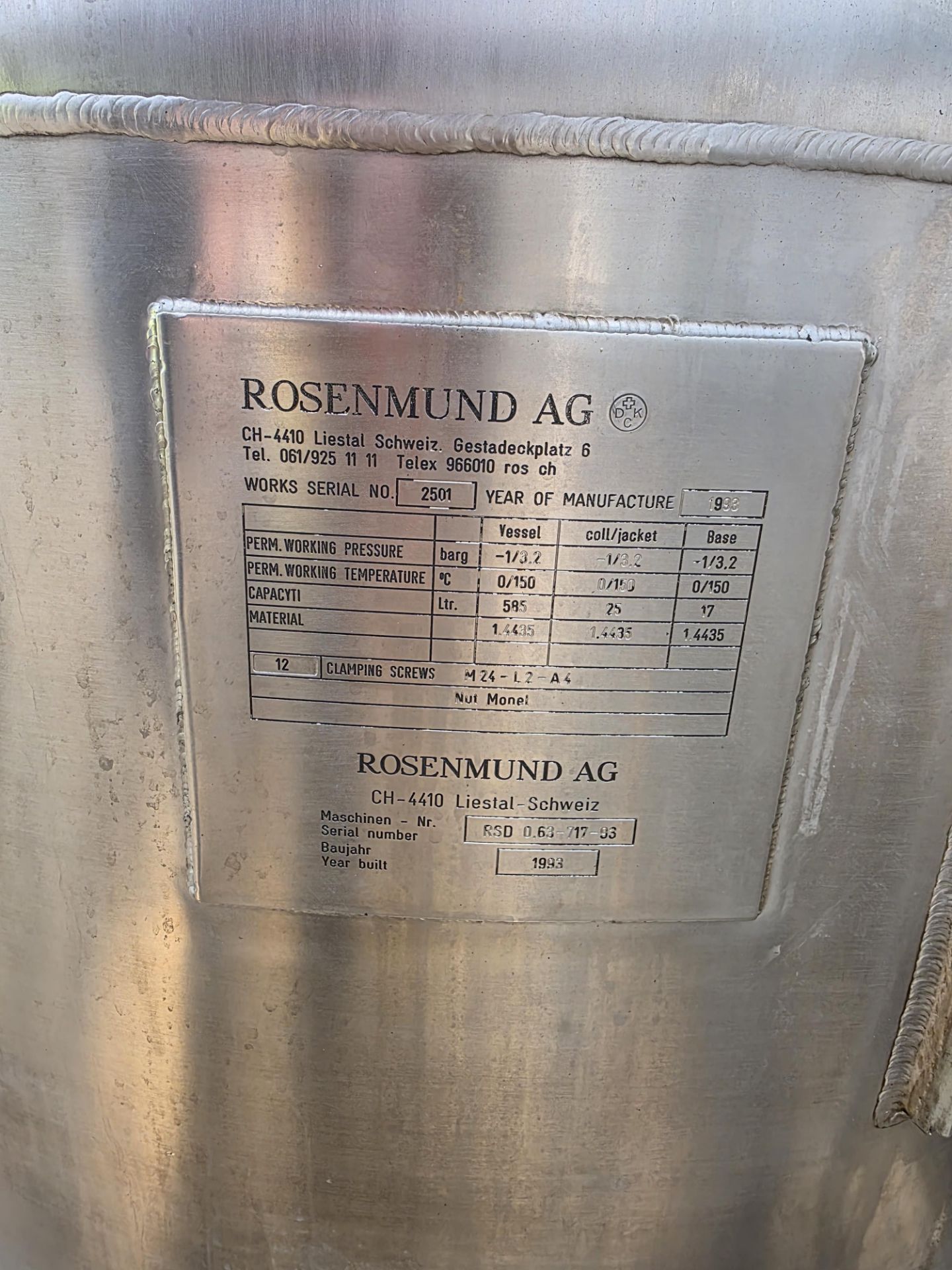 Rosenmund AG 600 L Capacity Filter Dryer Year of Mfg: 1993 Specifications: .[Tag: 12-D01 Location: - Image 6 of 19