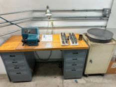 WOOD TOPPED WORK BENCH W/ 8 DRAWERS, SHOP CABINET, ASSORTED COLLETS AND TWISTER SPEED LATHE