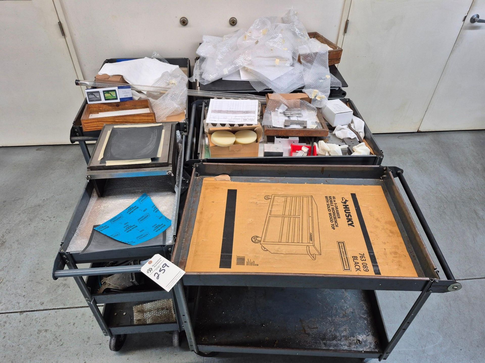 COLLECTION OF 5 METAL TOOL CARTS ON WHEELS CONTENTS INCLUDED