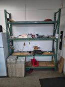 MEDIUM DUTY 4 SHELF TEAR DROP SHOP RACK, W/ MISC. ITEMS, REFRIGERATOR, MICROWAVE