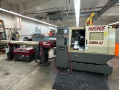 HARDINGE COBRA 42 CNC LATHE WITH SAMECA BAR FEEDER AND HARDINGE HAR MATIC 751 RETRACTABLE BAR FEED