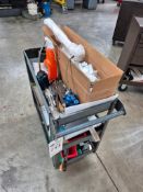 3 LEVEL STEEL SHOP CART ON WHEELS FULL OF MISC. SCRAP MATERIAL AND SUPPLIES
