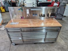 HUSKY 6', 18 DRAWER STAINLESS STEEL MOBILE WORK BENCH, 6 CASTORS AND A STAINLESS STEEL PEG BOARD