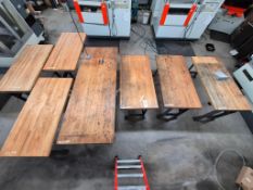 7 X WOOD TOPPED SHOP TABLES