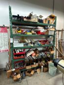 5 SHELF TEARDROP SHOP RACK LOADED WITH MISC. METALS SCRAP CUTOFFS AND SUPPLIES