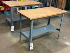 SET OF 2 WORKSMART BRAND METAL ADJUSTABLE HEIGHT WOOD TOP SHOP TABLES