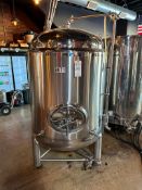 250 GALLON STAINLESS STEEL VERTICAL DOME TOP TANK W/ BOTTOM DRAIN & SIDE MOUNTED MANWAY