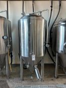 250 GALLON STAINLESS STEEL VERTICAL CONE BOTTOM TANK W/ BOTTOM DRAIN & TOP MOUNTED MANWAY COVER
