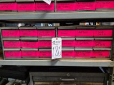 STEEL SHELVING UNIT FILLED WITH ASSORTED DRILLS, MILLS, CUTTERS, AND COLLETS