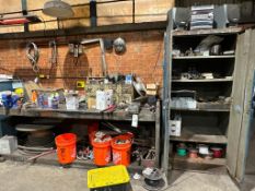 WORKBENCH AND CABINET WITH CONTENTS, TOOLS, HARDWARE, ELECTRICAL SUPPLIES