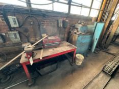 TABLE WITH VISE AND CABINET CONTENTS INCLUDED