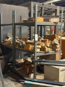 (4) MEDIUM DUTY BOLTLESS RACKS, CRATE & PALLET OF EXTRA ARM & VERTICAL POSTS FOR MANY MORE INCLUDED