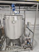 2019 200 GALLON STAINLESS STEEL JACKETED SPLIT LID AGITATED TANK W/ ATTACHED SKID & SKID COMPONENTS
