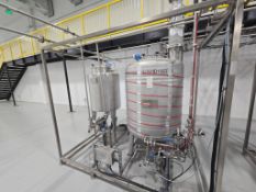 TANK SKID WITH 250 GALLON STAINLESS STEEL HEATED PRESSURE TANK & 85 GALLON STAINLESS STEEL TANK