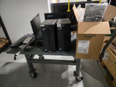 METAL TABLE WITH (3) ACER COMPUTERS, (2) MONITORS & SPARE CORDS/ACCESSORIES