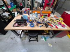 ULINE WORKBENCH AND STOOL FILLED WITH ASSORTED TOOLS, TOOLING, AND ASSORTED ALUMINUMN FIXTURES