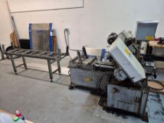 1999 MASTERCUT S-300HB HORIZONTAL BAND SAW WITH ROLLER CONVEYOR AND EXTRA BLADE