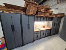 HEAVY-DUTY MODULAR GARAGE CABINET SET W/ BAMBOO WORKTOP FILLED W/ BOXES AND ASSORTED OFFICE SUPPLIES