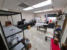 ASSORTED STEEL SHELVES, WORKBENCHES, AND CABINETS *CONTENTS NOT INCLUDED