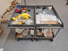 (2) SHELF WELDED STEEL UTILITY CARTS & ASSORTED SHOP SUPPLIES
