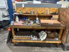 WORKBENCH WITH STARRETT CRYSTAL PINK GRANITE SURFACE PLATE AND CONTENTS