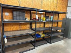 (3) SECTIONS OF INDUSTRIAL STEEL BOLTLESS SHELVING WITH TOOLING, HARDWARE, AND SHOP SUPPLIES