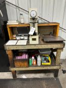ROCKWELL HARDNESS TESTER, MODEL HR-150A WITH WORKBENCH AND CONTENTS OF WORKBENCH