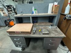 DESK WITH STARRETT CRYSTAL PINK GRANITE SURFACE PLATE AND CONTENTS