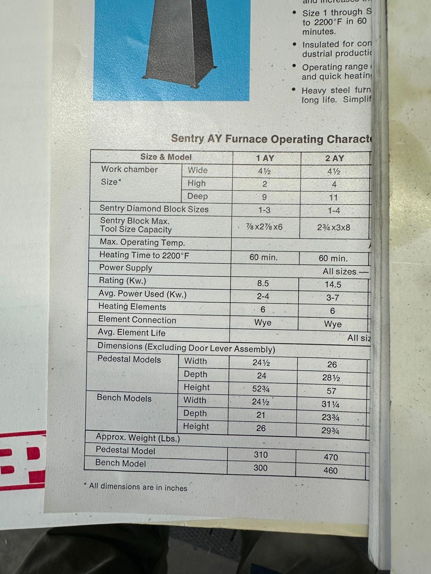 SENTRY MODEL AY-2 ELECTRIC HARDENING FURNACE SPECIFICATIONS: BRAND: THE ...