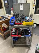 HEAVY-DUTY 3-SHELF STEEL UTILITY CART WITH LARGE ASSORTMENT OF MACHINING CLAMPS AND HARDWARE