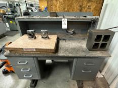 DESK WITH STARRETT CRYSTAL PINK GRANITE SURFACE PLATE AND CONTENTS