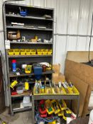 INDUSTRIAL STORAGE SHELF AND UTILITY CART WITH ASSORTED TOOLING AND WELDING SUPPLIES