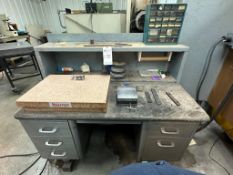 DESK WITH STARRETT CRYSTAL PINK GRANITE SURFACE PLATE AND CONTENTS