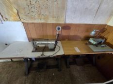 3X INDUSTRIAL SEWING MACHINE STATIONS ON BENCHES. 1X SINGER, 1X RIMOLDI, 1X CHANSEW