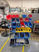 DOUBLE-SIDED MOBILE LOUVERED BIN RACK FILLED WITH ASSORTED HARDWARE