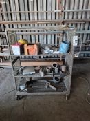 HEAVY-DUTY 3-TIER ROLLING STEEL SHOP CART WITH CONTENTS - EXPANDED METAL SHELVES, MESH SIDES