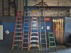 ASSORTED LADDERS, FIBERGLASS A-FRAME & ALUMIUMN EXTENSION