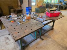 FABRICATED ACORN-STYLE PLATEN WELDING TABLE W/ PNEUMATIC DIE GRINDERS, VISES & HAND TOOLS