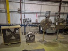 ASSORTED INDUSTRIAL SHOP FAN LOT - (4) BOX, PEDESTAL, AND DRUM FANS