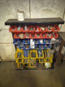 INDUSTRIAL METAL RACK WITH ASSORTED PLASTIC BINS FILLED WITH ASSORTMENT OF HARDWARE & TOOLING